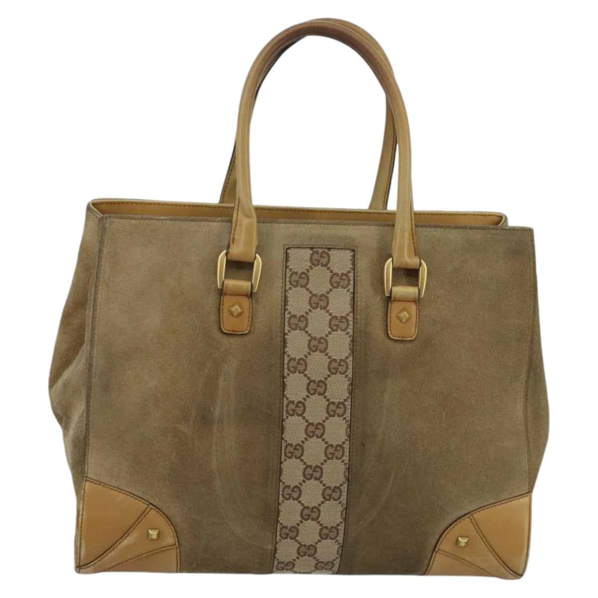 GUCCI GG Canvas Tote Bag Suede Studs Brown Gold 120897  ki5094