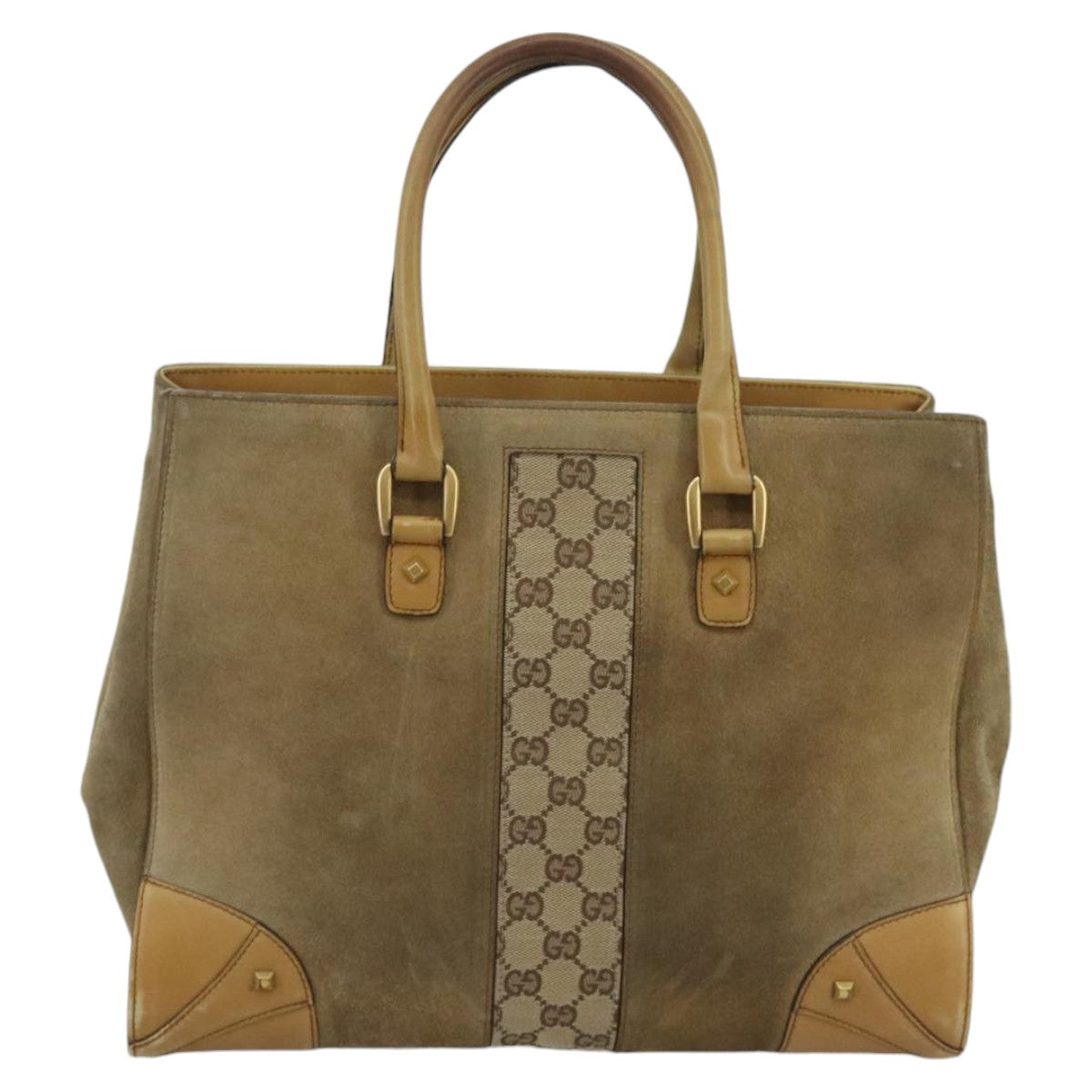 GUCCI GG Canvas Tote Bag Suede Studs Brown Gold 120897  ki5094