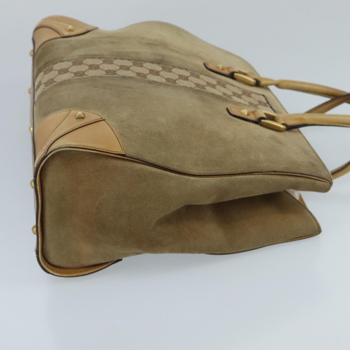 GUCCI GG Canvas Tote Bag Suede Studs Brown Gold 120897  ki5094
