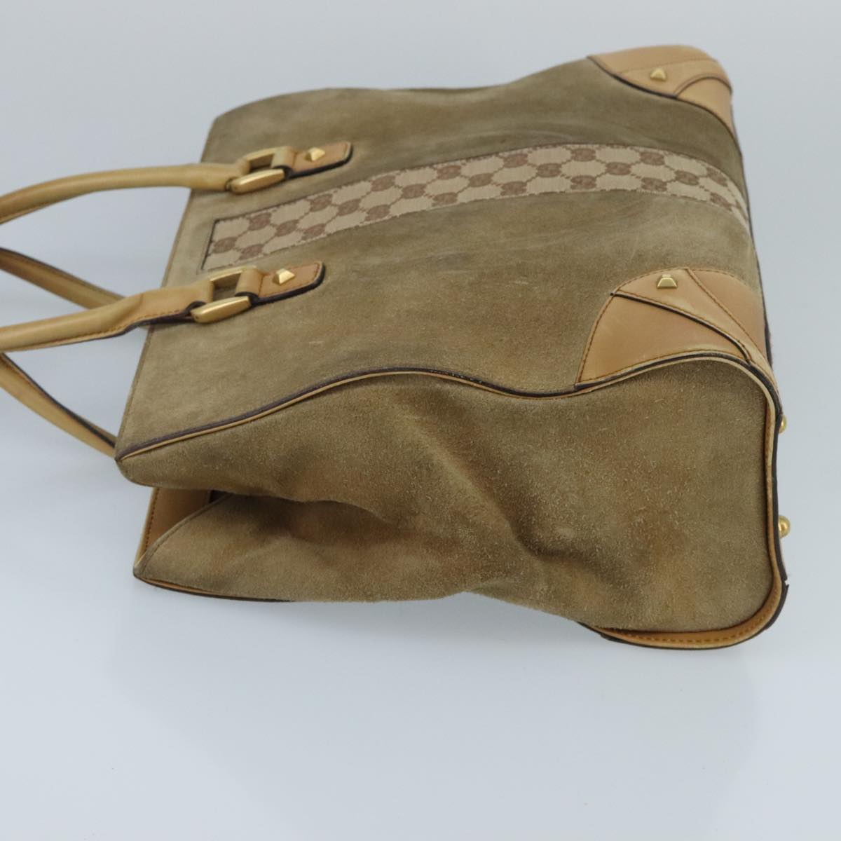 GUCCI GG Canvas Tote Bag Suede Studs Brown Gold 120897  ki5094