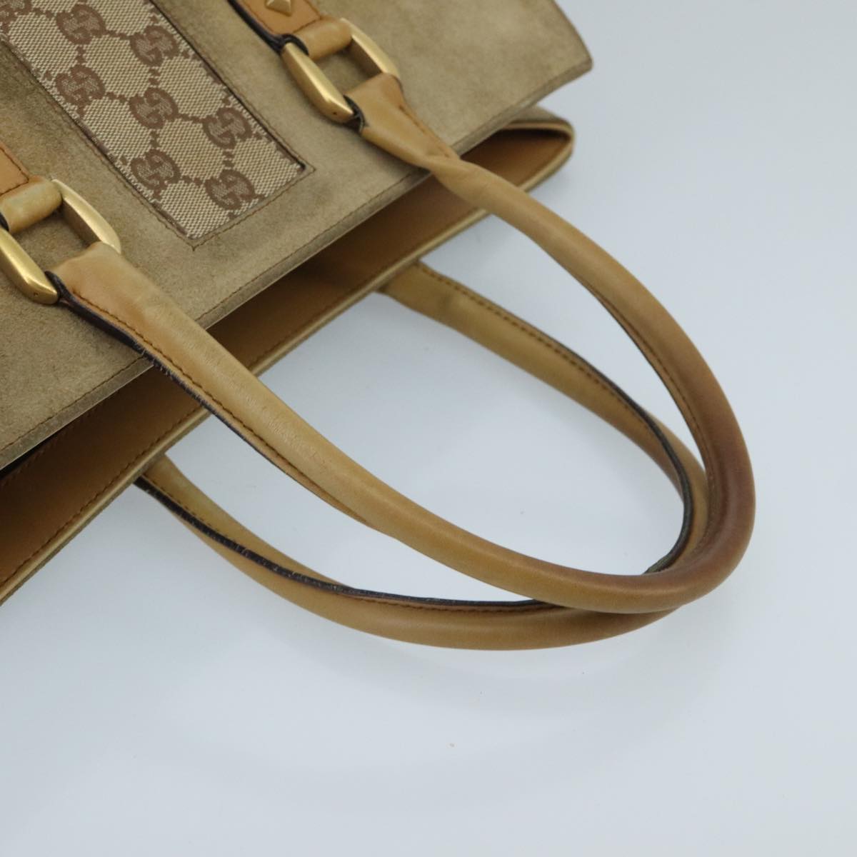 GUCCI GG Canvas Tote Bag Suede Studs Brown Gold 120897  ki5094