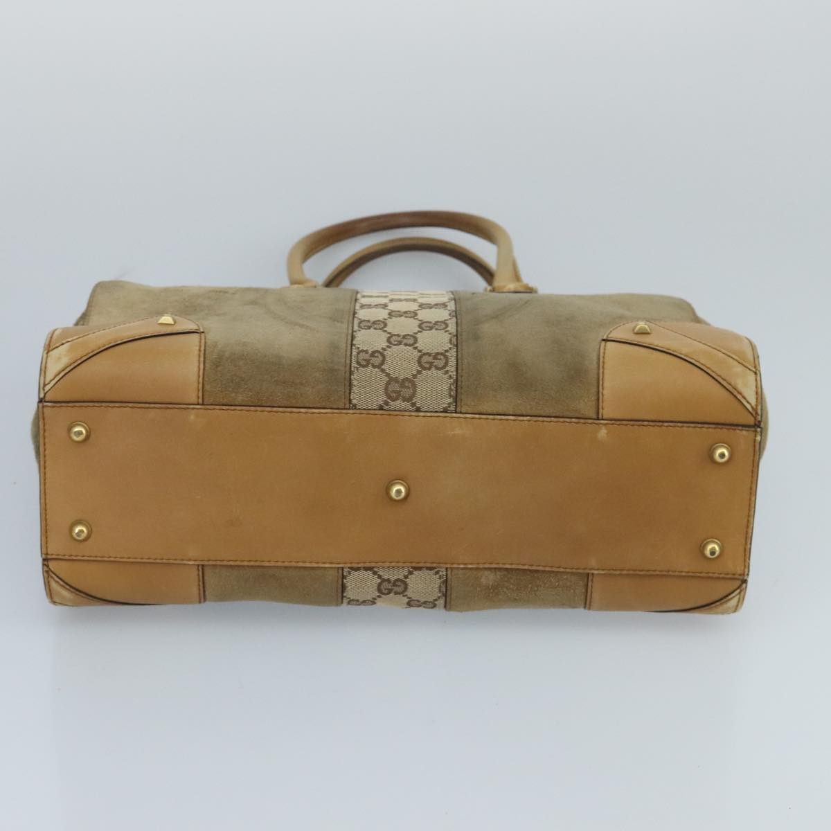 GUCCI GG Canvas Tote Bag Suede Studs Brown Gold 120897  ki5094
