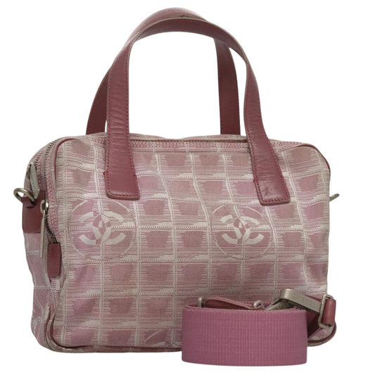 CHANEL New Travel Line Hand Bag Canvas Leather 2way Pink Silver CC ki5281