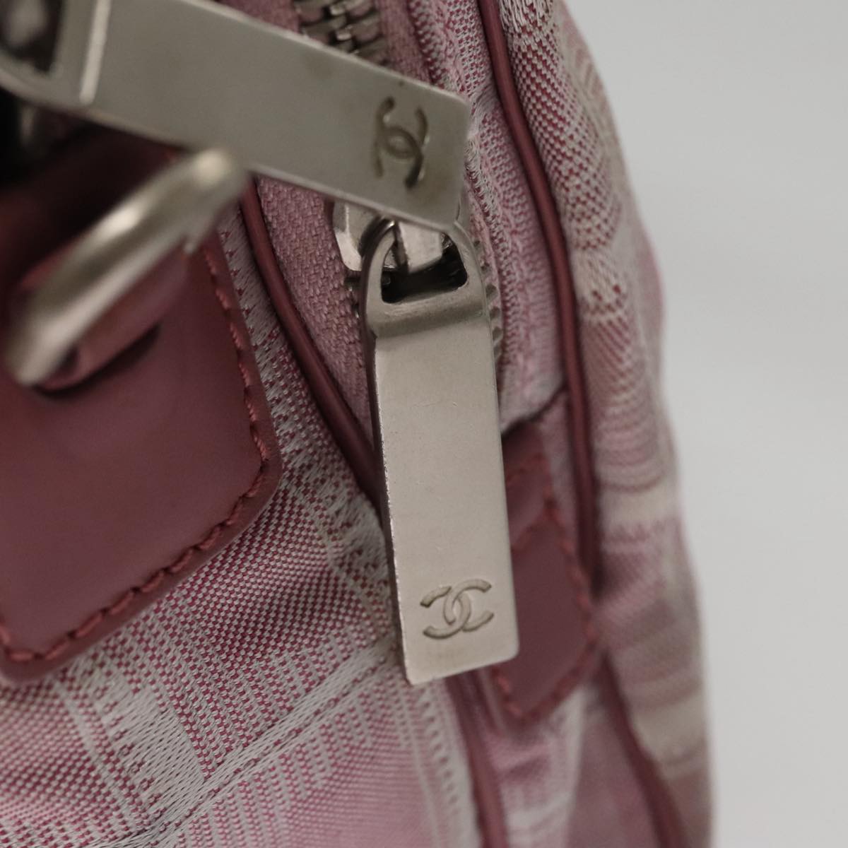 CHANEL New Travel Line Hand Bag Canvas Leather 2way Pink Silver CC ki5281