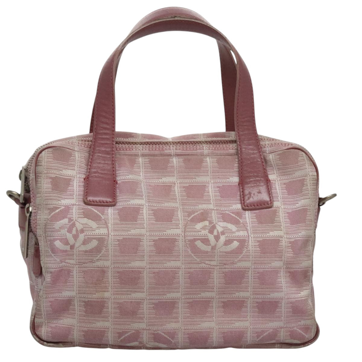 CHANEL New Travel Line Hand Bag Canvas Leather 2way Pink Silver CC ki5281
