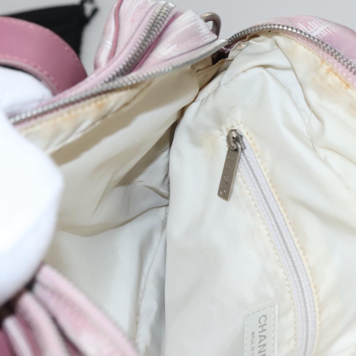 CHANEL New Travel Line Hand Bag Canvas Leather 2way Pink Silver CC ki5281