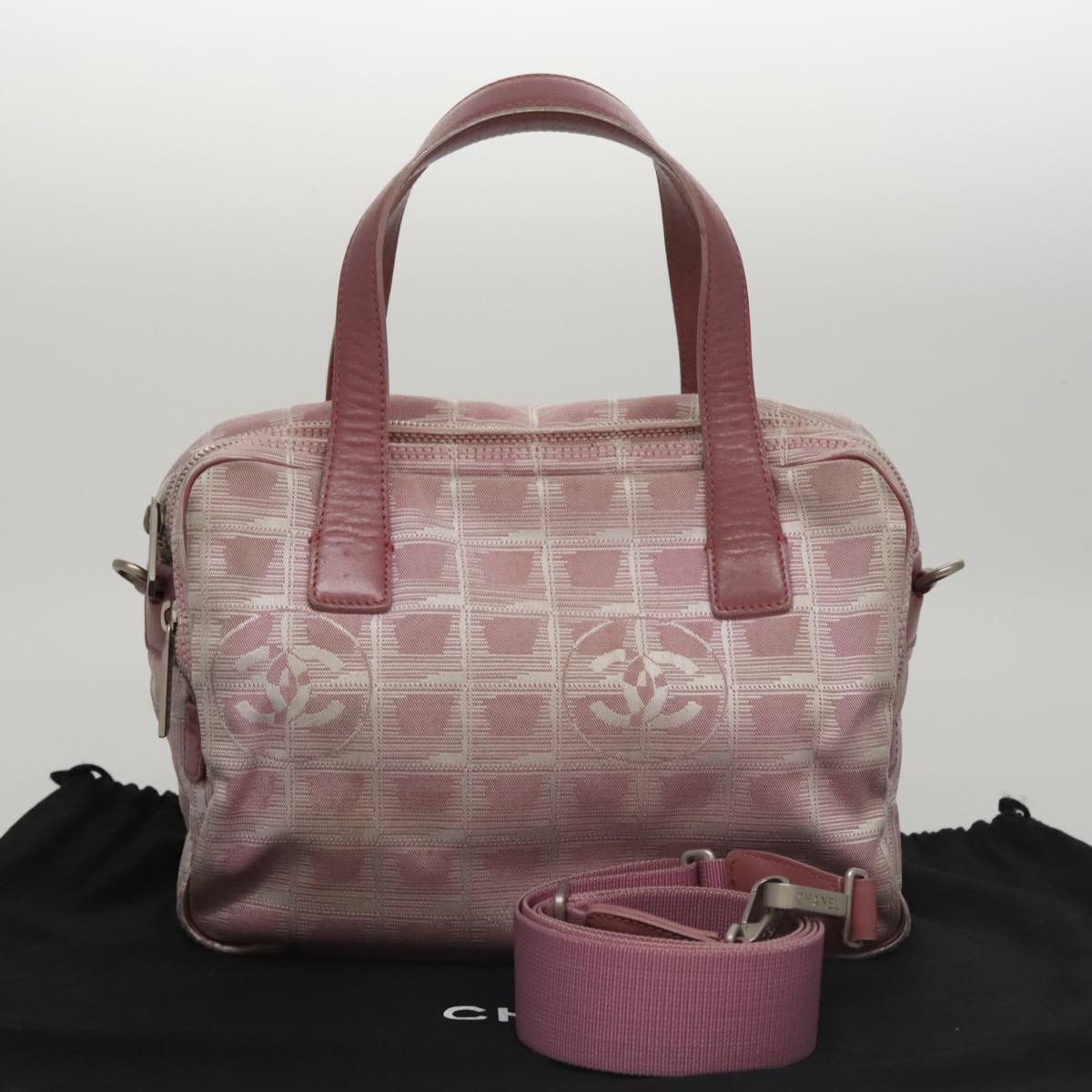CHANEL New Travel Line Hand Bag Canvas Leather 2way Pink Silver CC ki5281