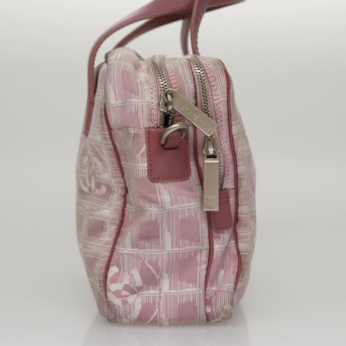 CHANEL New Travel Line Hand Bag Canvas Leather 2way Pink Silver CC ki5281