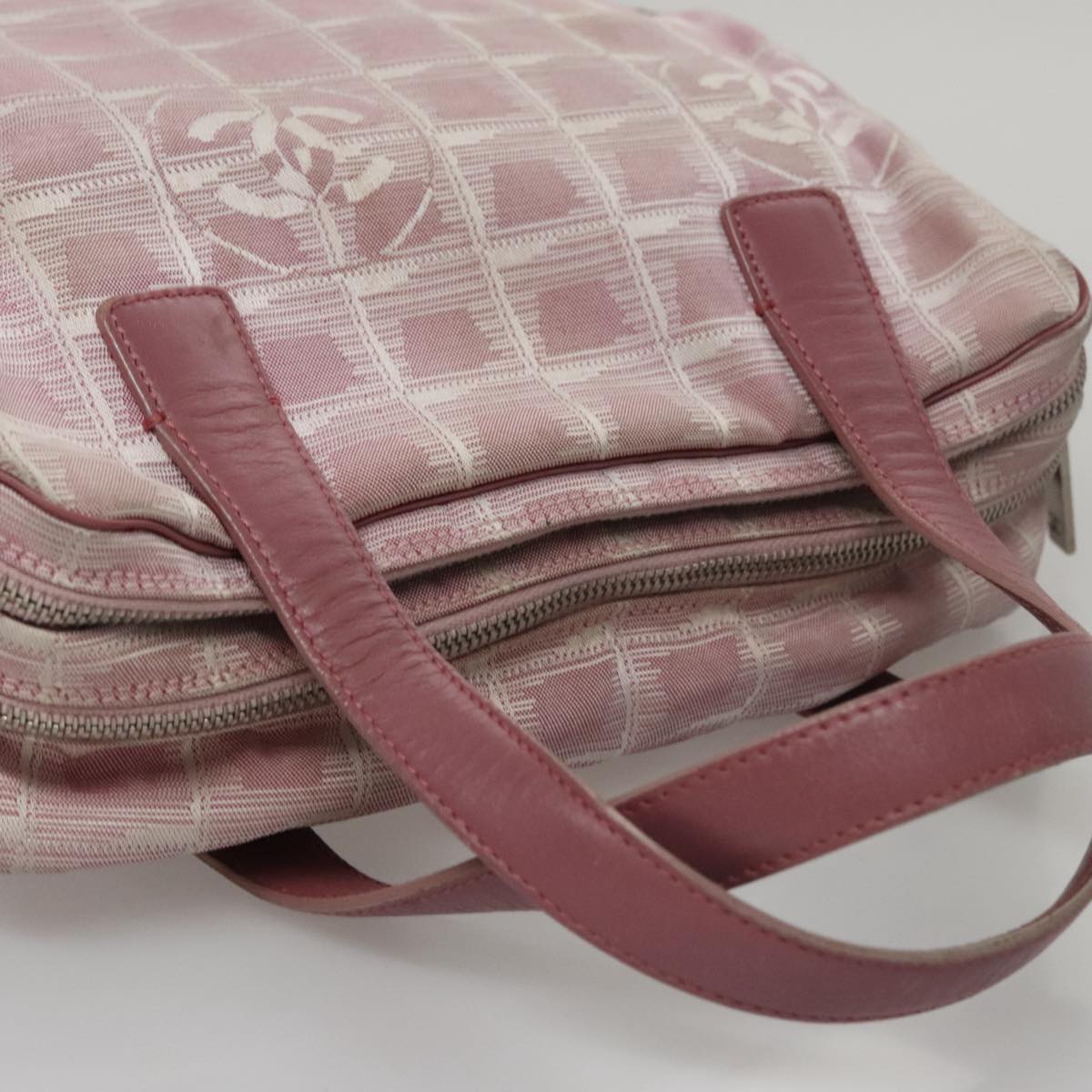 CHANEL New Travel Line Hand Bag Canvas Leather 2way Pink Silver CC ki5281