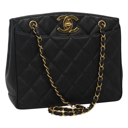 CHANEL Matelasse Chain Shoulder Bag Caviar Skin Black Gold CC ki5432