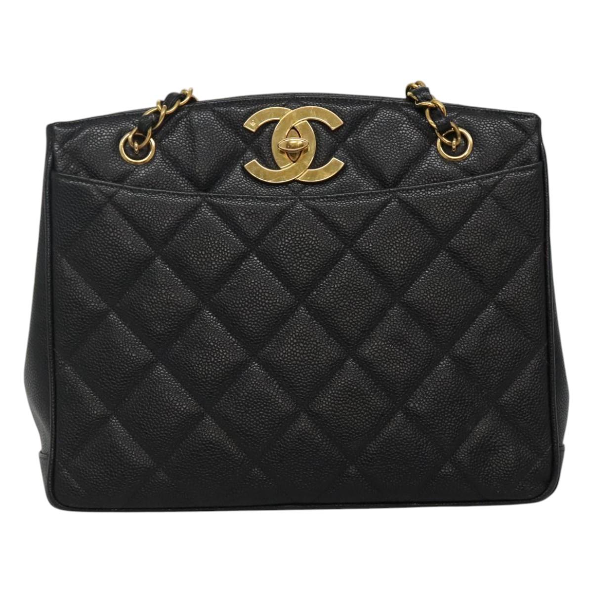 CHANEL Matelasse Chain Shoulder Bag Caviar Skin Black Gold CC ki5432