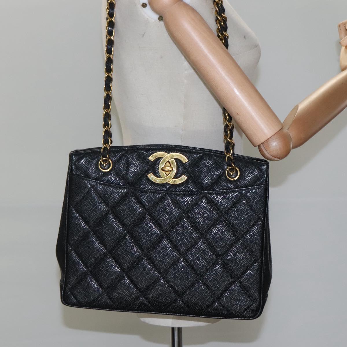 CHANEL Matelasse Chain Shoulder Bag Caviar Skin Black Gold CC ki5432