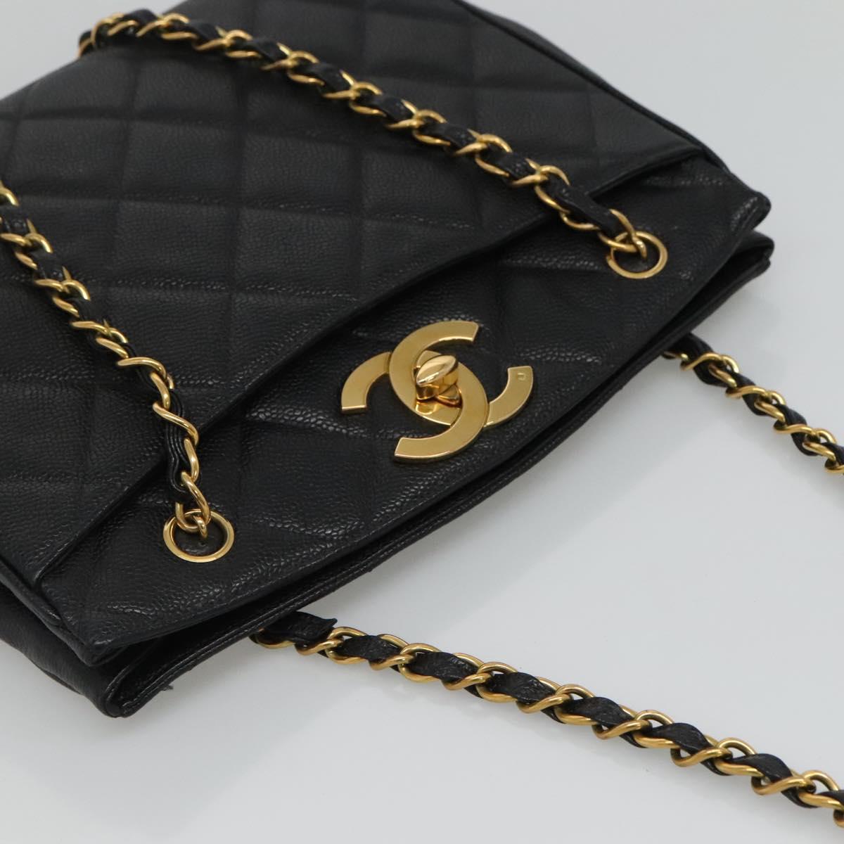 CHANEL Matelasse Chain Shoulder Bag Caviar Skin Black Gold CC ki5432