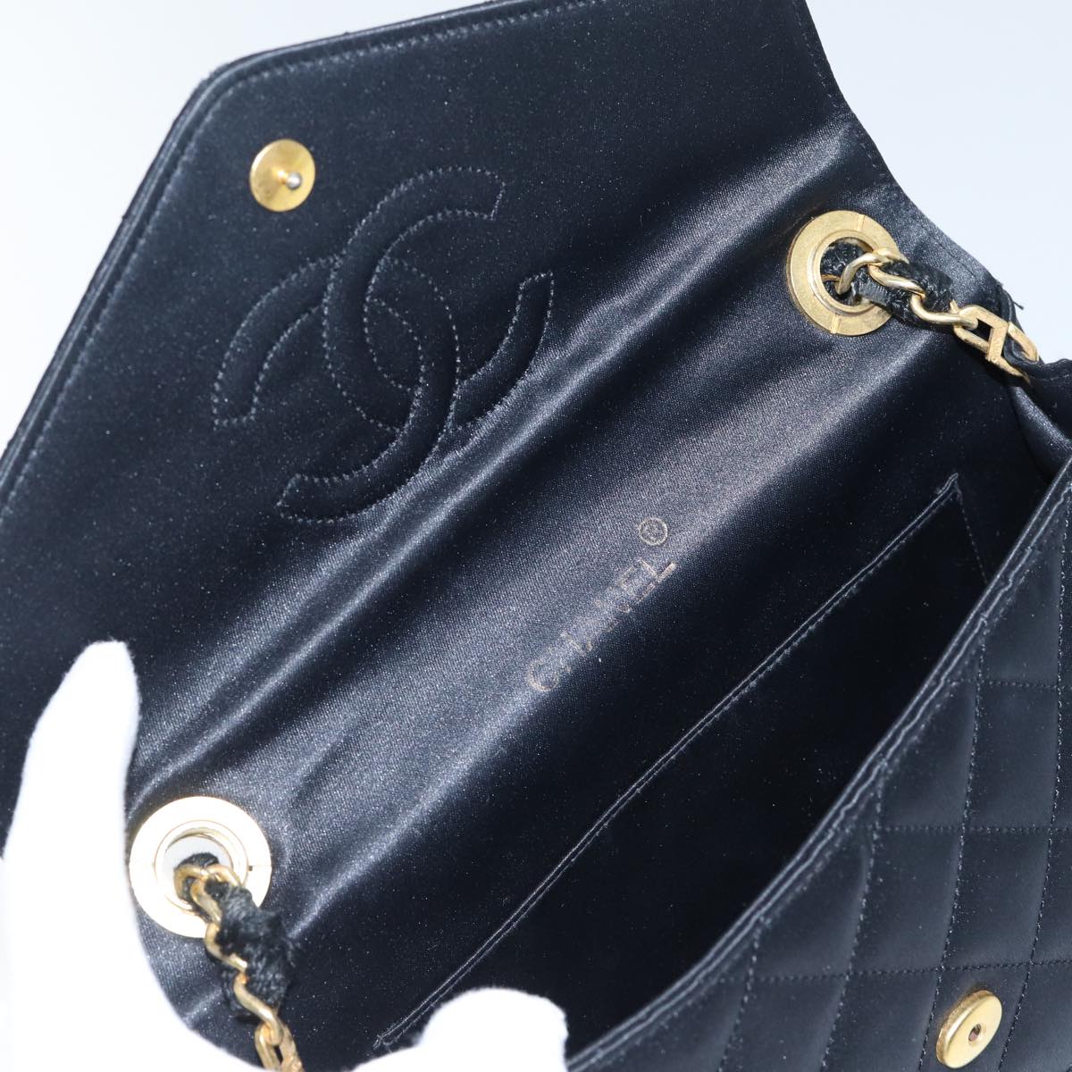 CHANEL Matelasse Stone Chain Shoulder Bag Satin Black CC kk285A