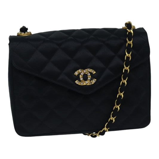 CHANEL Matelasse Stone Chain Shoulder Bag Satin Black CC kk285A
