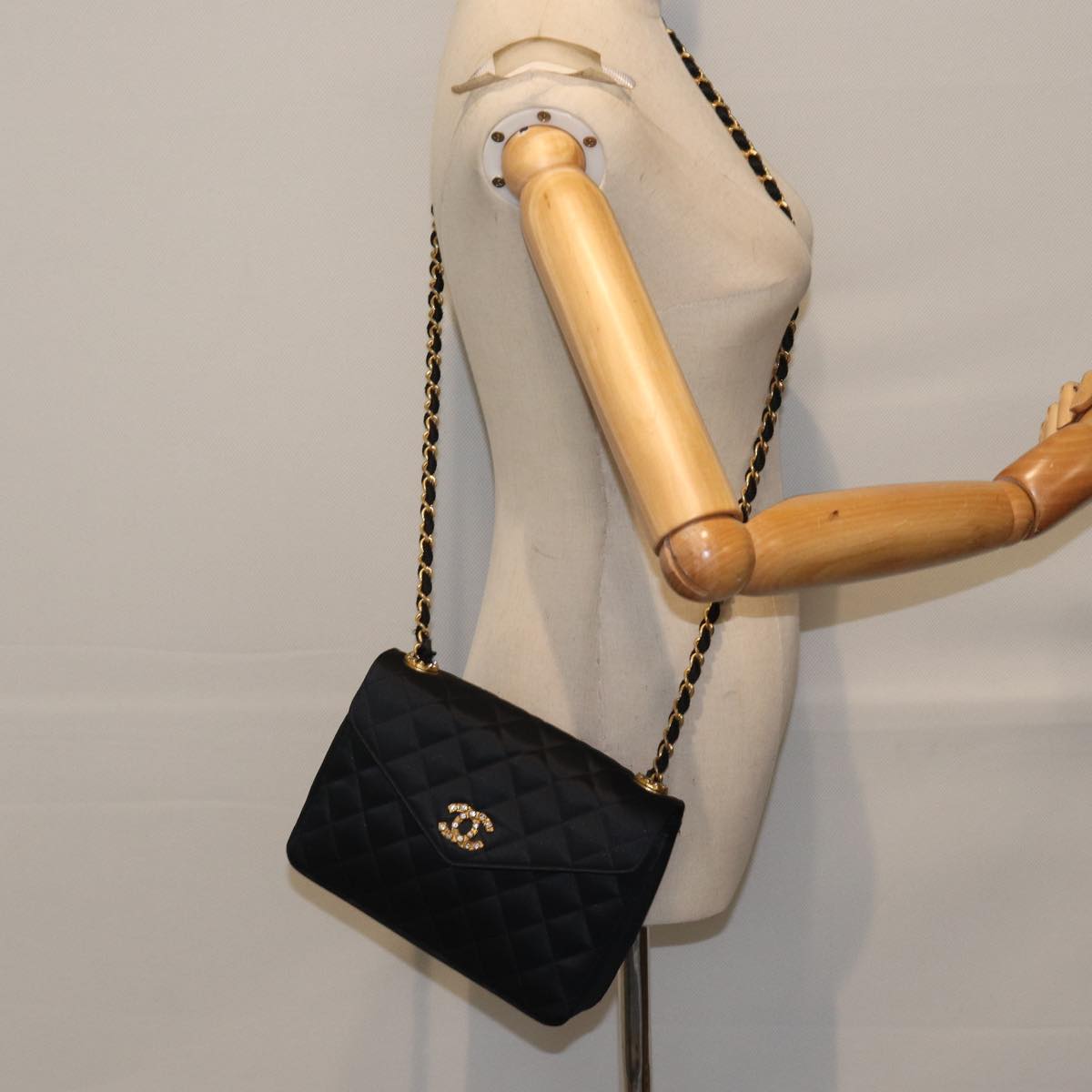 CHANEL Matelasse Stone Chain Shoulder Bag Satin Black CC kk285A