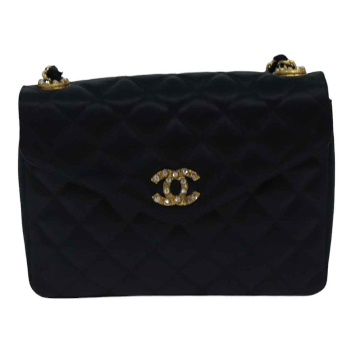 CHANEL Matelasse Stone Chain Shoulder Bag Satin Black CC kk285A