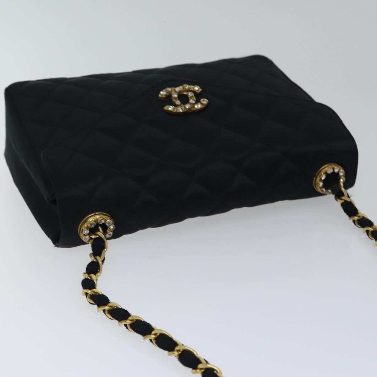 CHANEL Matelasse Stone Chain Shoulder Bag Satin Black CC kk285A