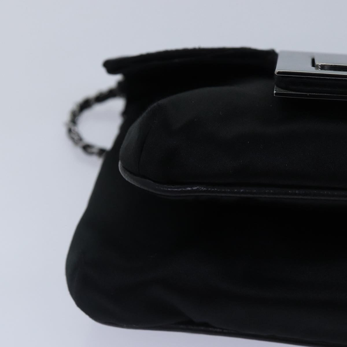 CHANEL Turn Lock Chain Shoulder Bag Satin Silver Black CC kk287
