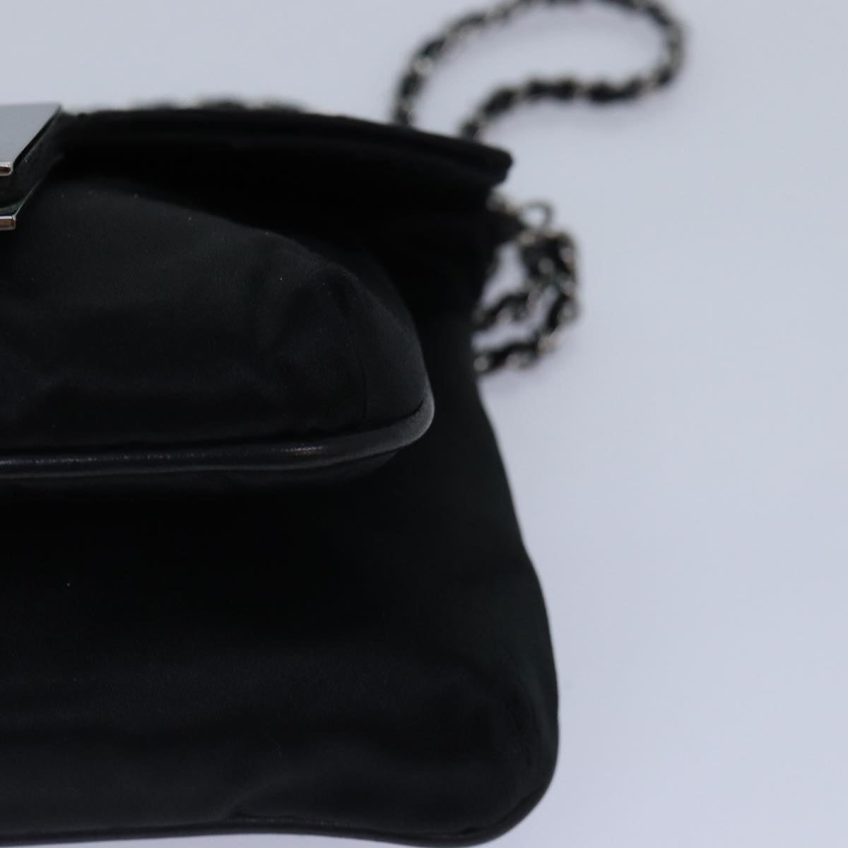 CHANEL Turn Lock Chain Shoulder Bag Satin Silver Black CC kk287