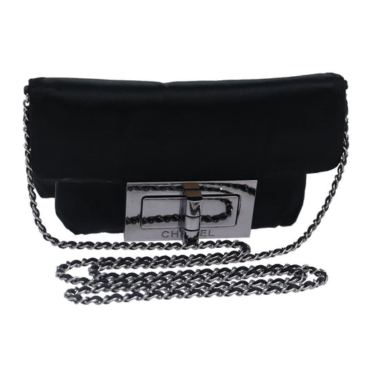 CHANEL Turn Lock Chain Shoulder Bag Satin Silver Black CC kk287
