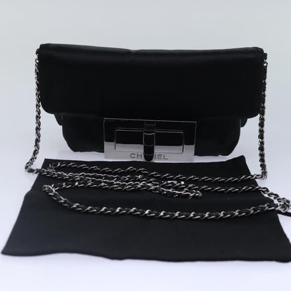 CHANEL Turn Lock Chain Shoulder Bag Satin Silver Black CC kk287