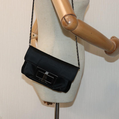 CHANEL Turn Lock Chain Shoulder Bag Satin Silver Black CC kk287