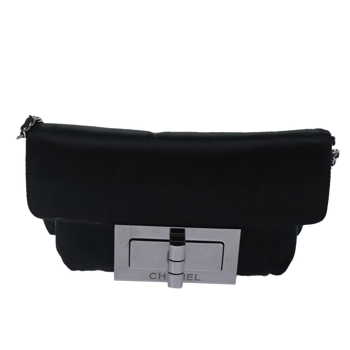 CHANEL Turn Lock Chain Shoulder Bag Satin Silver Black CC kk287