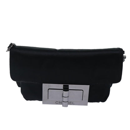 CHANEL Turn Lock Chain Shoulder Bag Satin Silver Black CC kk287