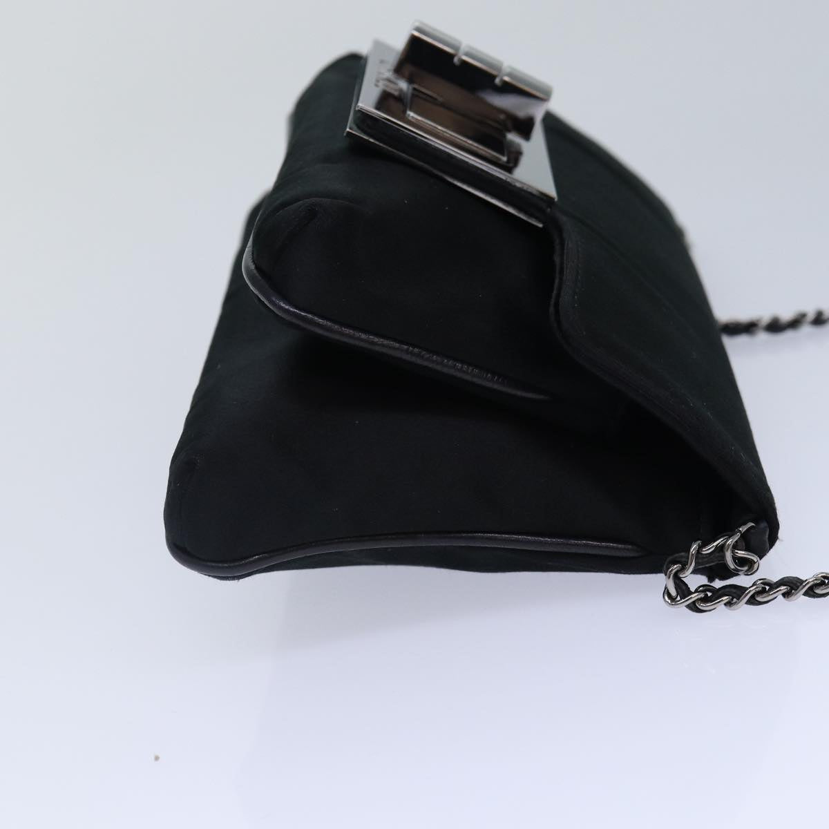 CHANEL Turn Lock Chain Shoulder Bag Satin Silver Black CC kk287