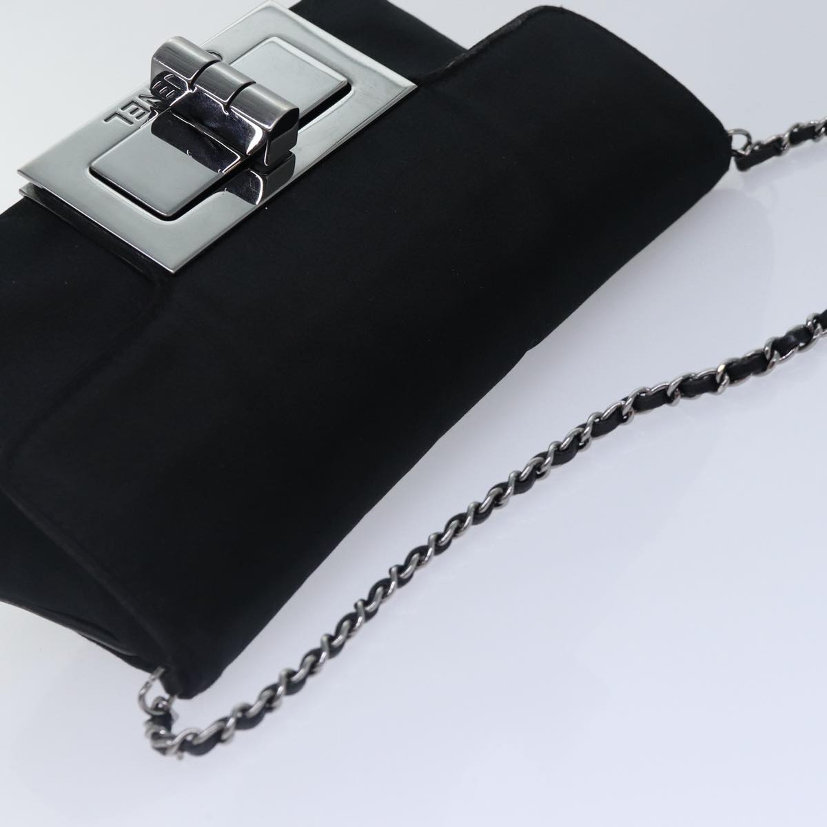 CHANEL Turn Lock Chain Shoulder Bag Satin Silver Black CC kk287