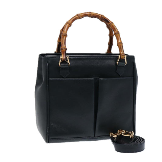 GUCCI Bamboo Hand Bag Leather 2way Navy Gold 000 122 0316  kk290