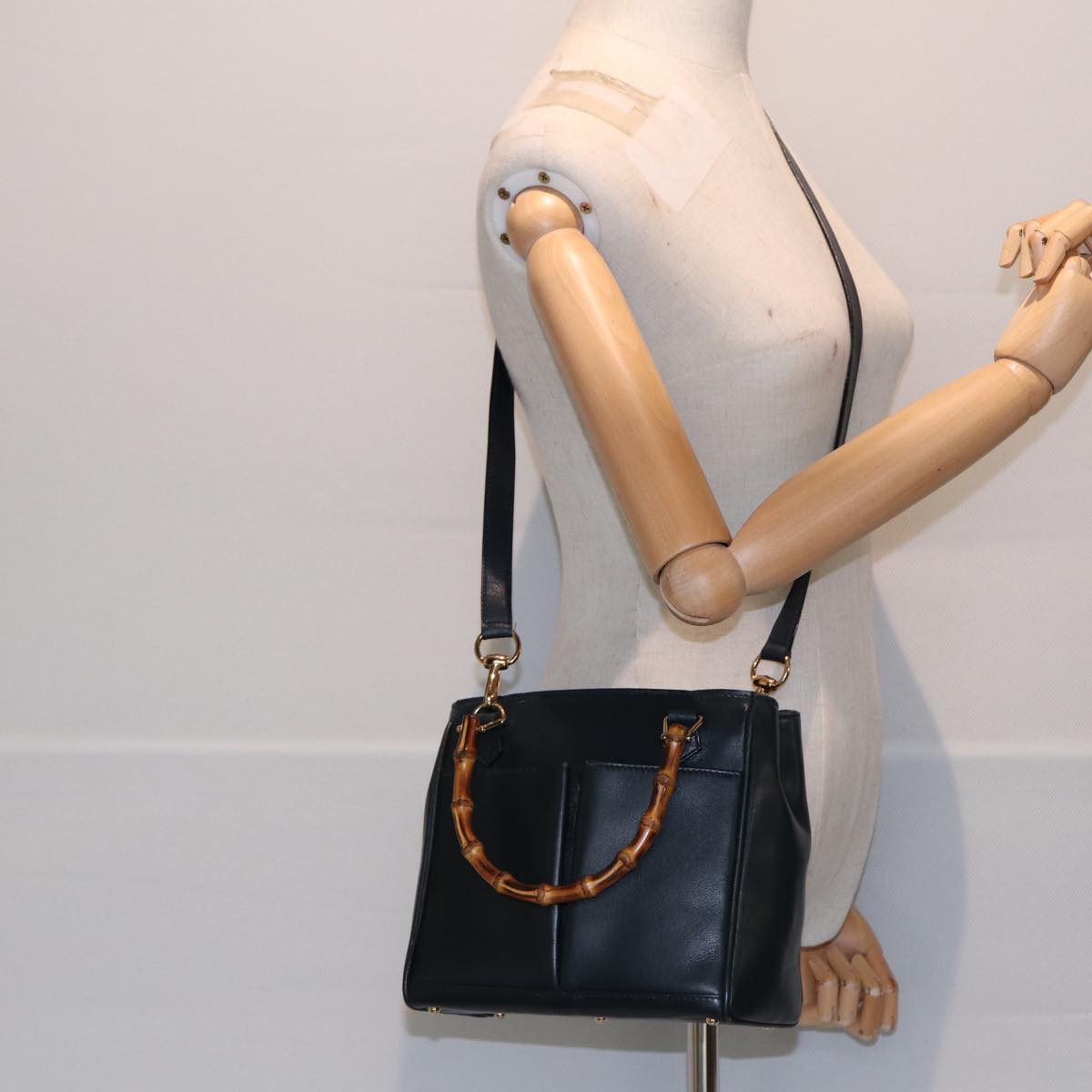 GUCCI Bamboo Hand Bag Leather 2way Navy Gold 000 122 0316  kk290