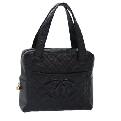 CHANEL Matelasse COCO Mark Hand Bag Lamb Skin Black Gold CC kk300