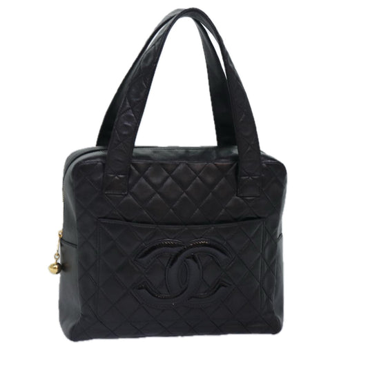 CHANEL Matelasse COCO Mark Hand Bag Lamb Skin Black Gold CC kk300