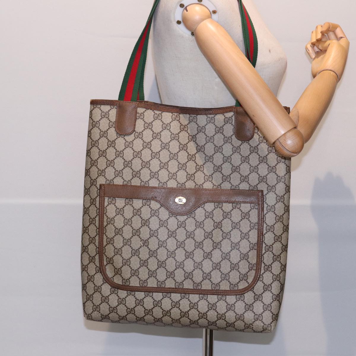 GUCCI GG Canvas Web Sherry Line Tote Bag PVC Leather Beige Green Red  kk304