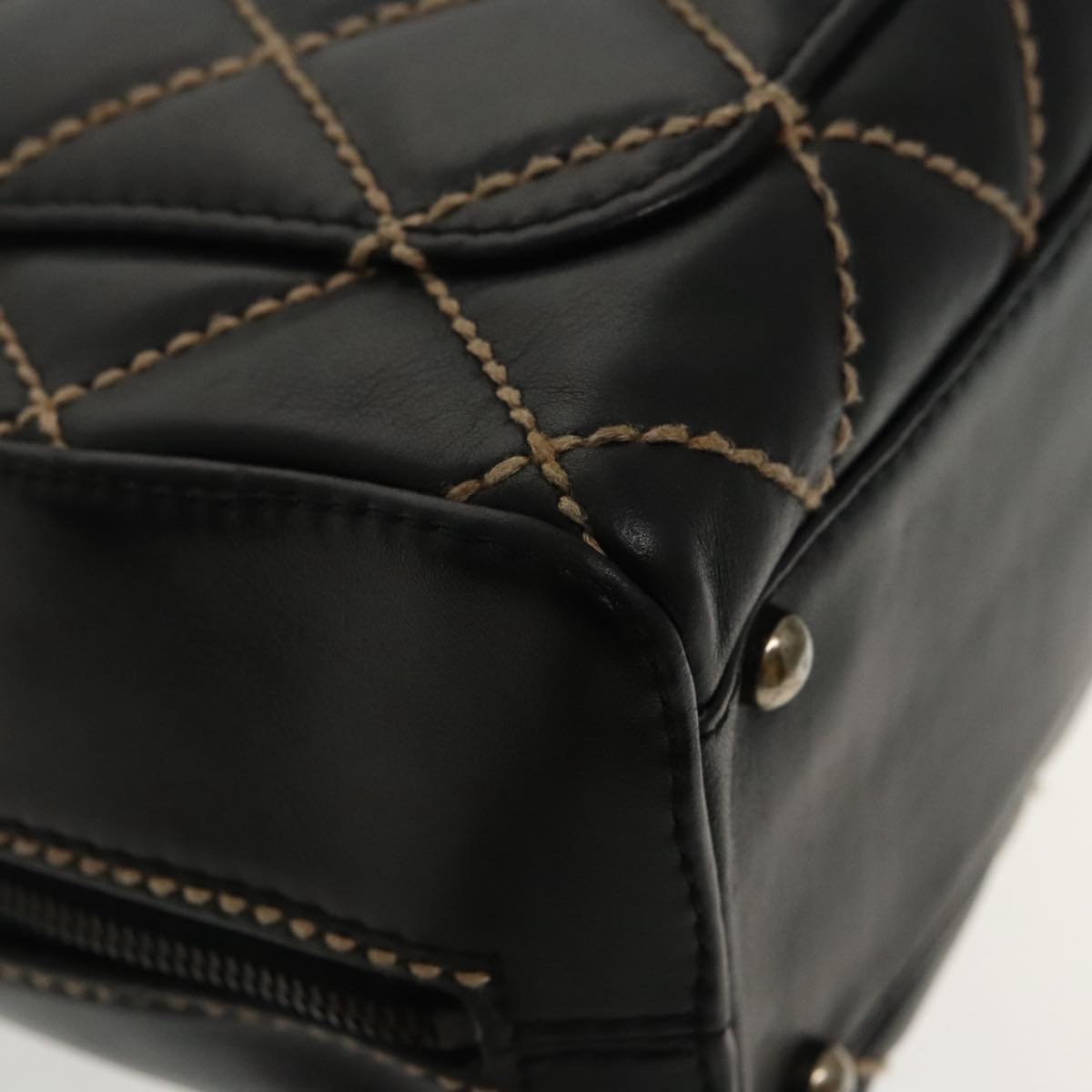 CHANEL Wild Stitch Hand Bag Leather Black CC kk367