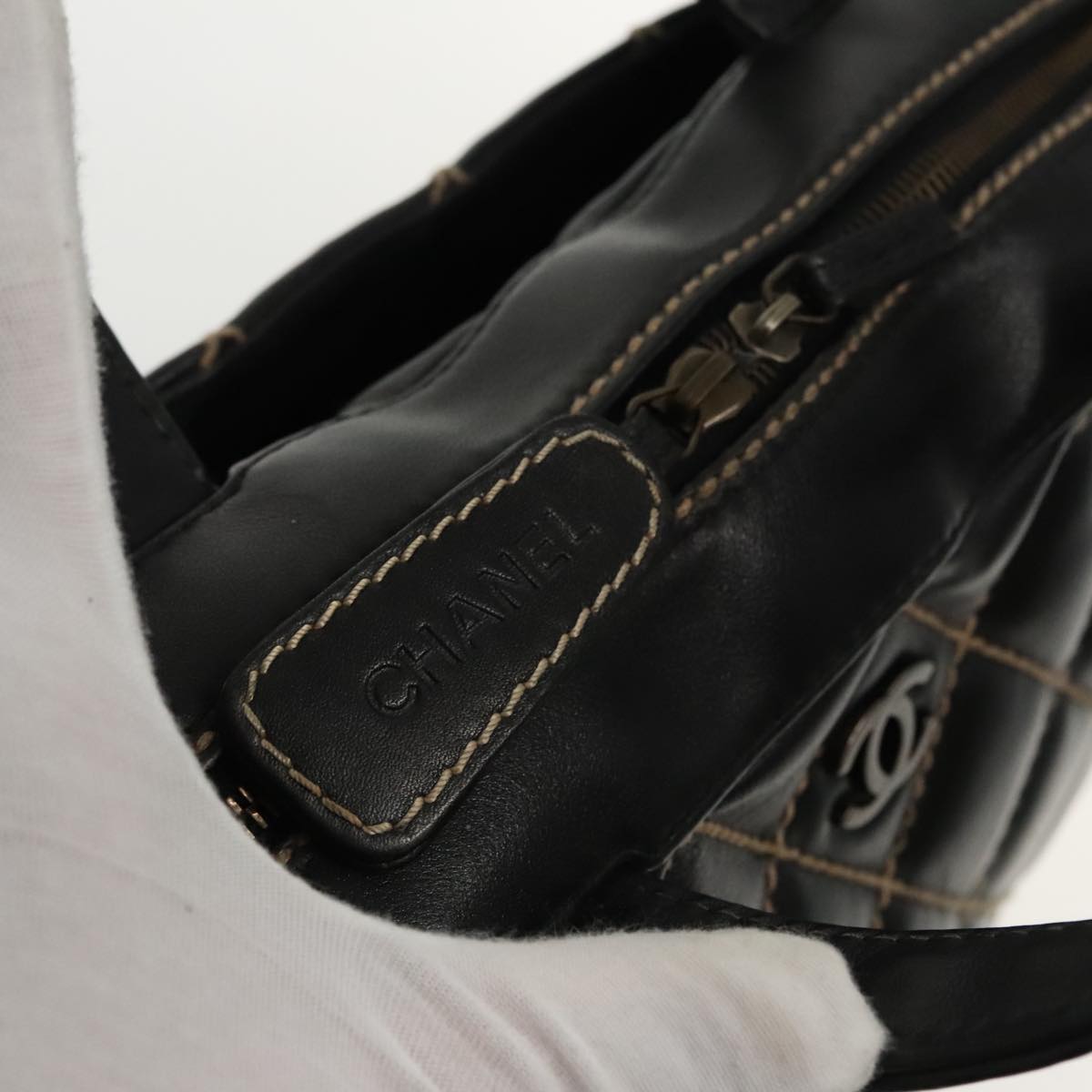 CHANEL Wild Stitch Hand Bag Leather Black CC kk367