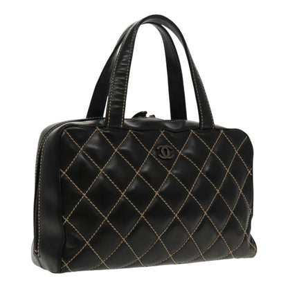 CHANEL Wild Stitch Hand Bag Leather Black CC kk367