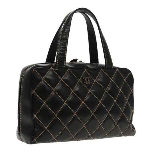 CHANEL Wild Stitch Hand Bag Leather Black CC kk367
