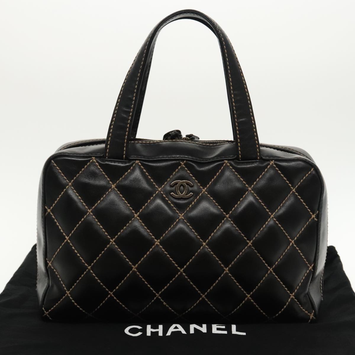 CHANEL Wild Stitch Hand Bag Leather Black CC kk367