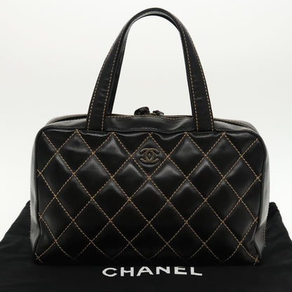 CHANEL Wild Stitch Hand Bag Leather Black CC kk367