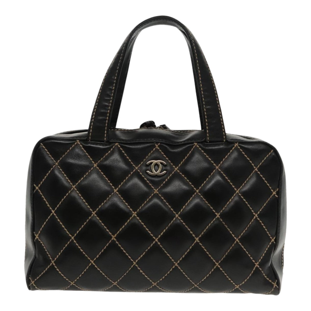 CHANEL Wild Stitch Hand Bag Leather Black CC kk367