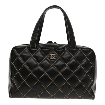 CHANEL Wild Stitch Hand Bag Leather Black CC kk367
