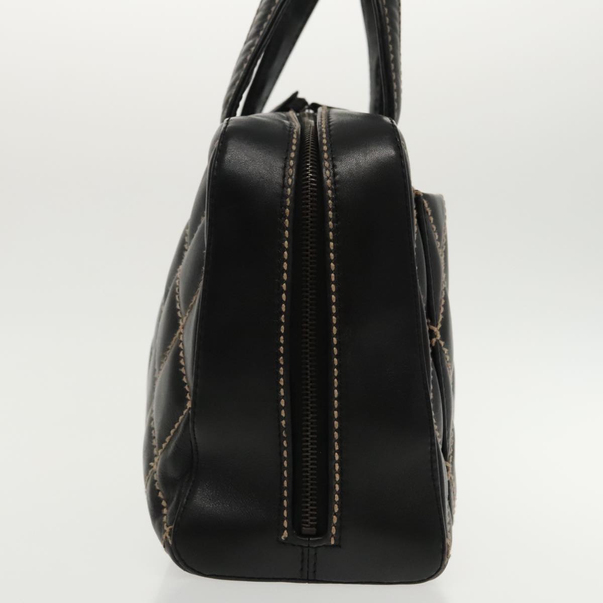 CHANEL Wild Stitch Hand Bag Leather Black CC kk367