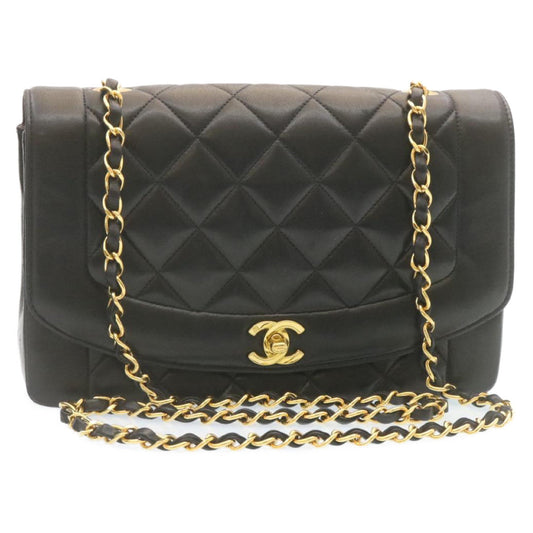 CHANEL Chain Turn Lock Diana Matelasse Shoulder Bag Lamb Skin Black knn076
