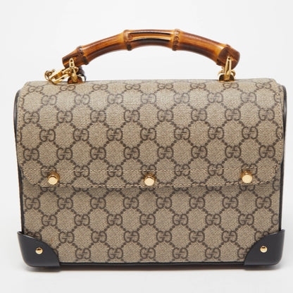GUCCI Black/Beige GG Supreme Canvas Small Padlock Bamboo Top Handle Bag