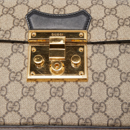 GUCCI Black/Beige GG Supreme Canvas Small Padlock Bamboo Top Handle Bag
