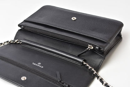 Chanel Caviar Skin Chain Wallet Shoulder Bag Black Silver Hardware