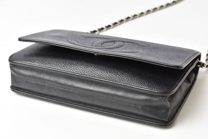 Chanel Caviar Skin Chain Wallet Shoulder Bag Black Silver Hardware